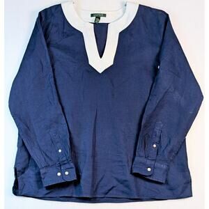 Lauren Ralph Lauren Womens Linen Top Navy Blue XL Long Roll Up Sleeve V-Neck